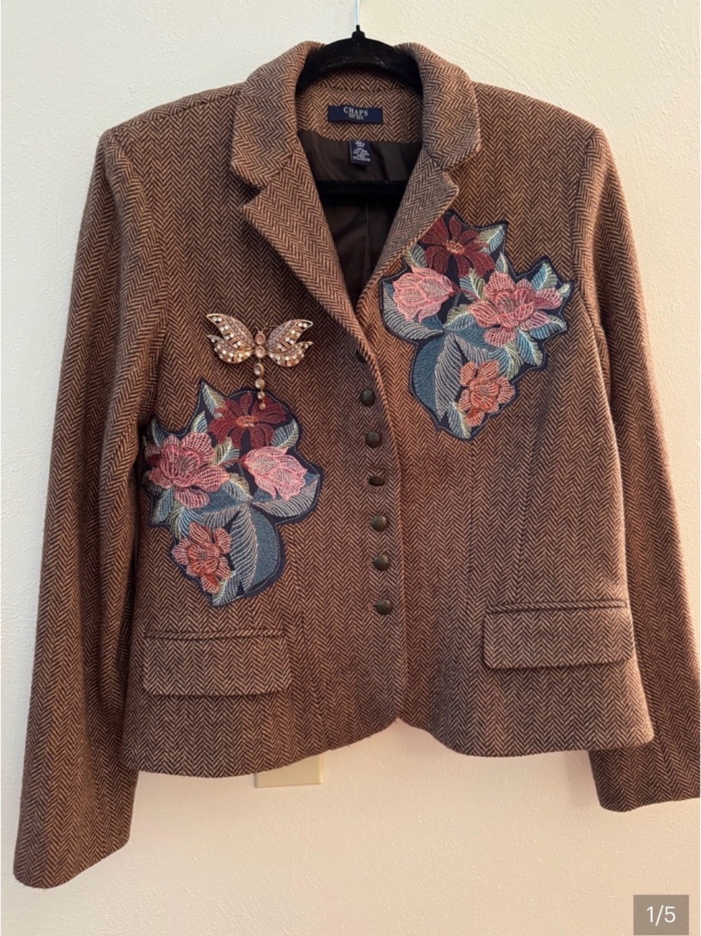 Upcycled Floral Embroidered Herringbone Blazer XL OOAK Boho Statement